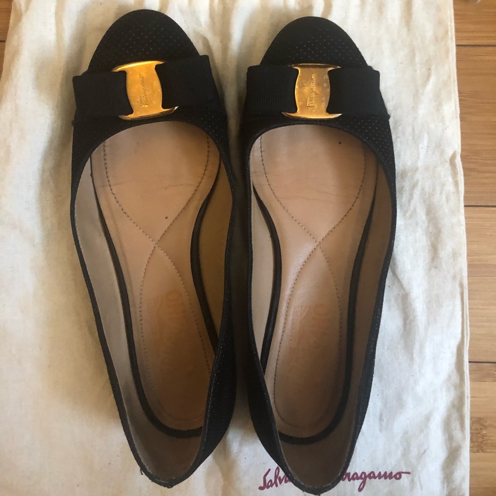 Salvatore Ferragamo black suede ballerina flats